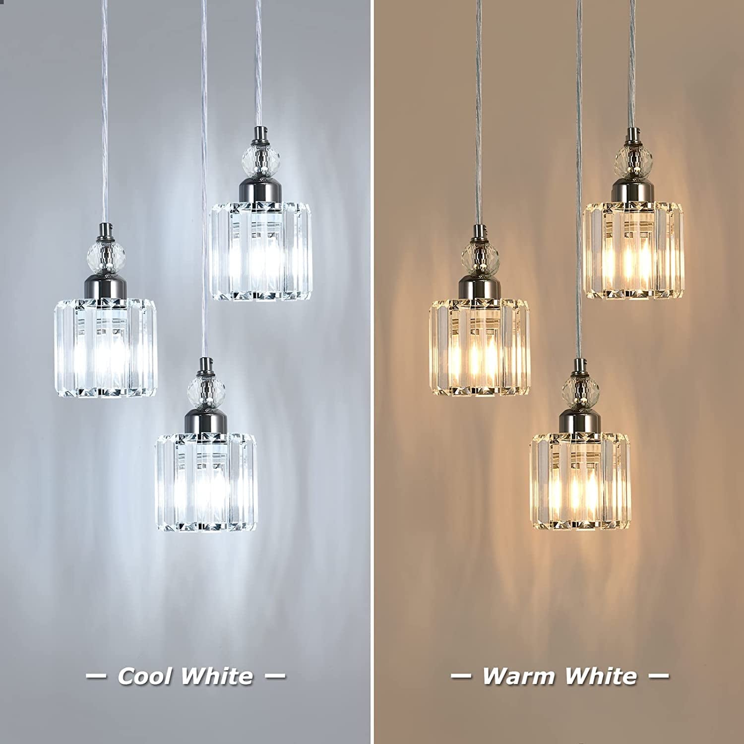 Crystal Pendant Ceiling Light Fixture for Kitchen Island,  Modern Mini Chandelier with Chrome Finished, 3-Light Pendant Lighting with E26 Ceramic Base, Adjustable Height
