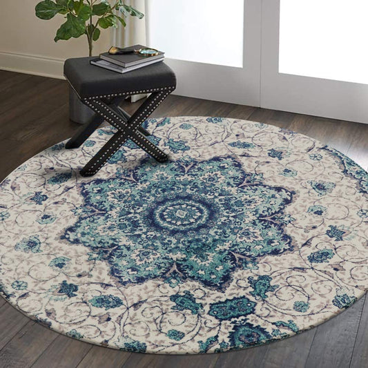 Collection Traditional Vintage Floral round Area Rug - 3' Diameter Non-Slip Medallion Vintage Area Rug Small Accent Distressed Throw Rugs Floor Carpet for Entryway Bedrooms (3' Diameter, Blue)