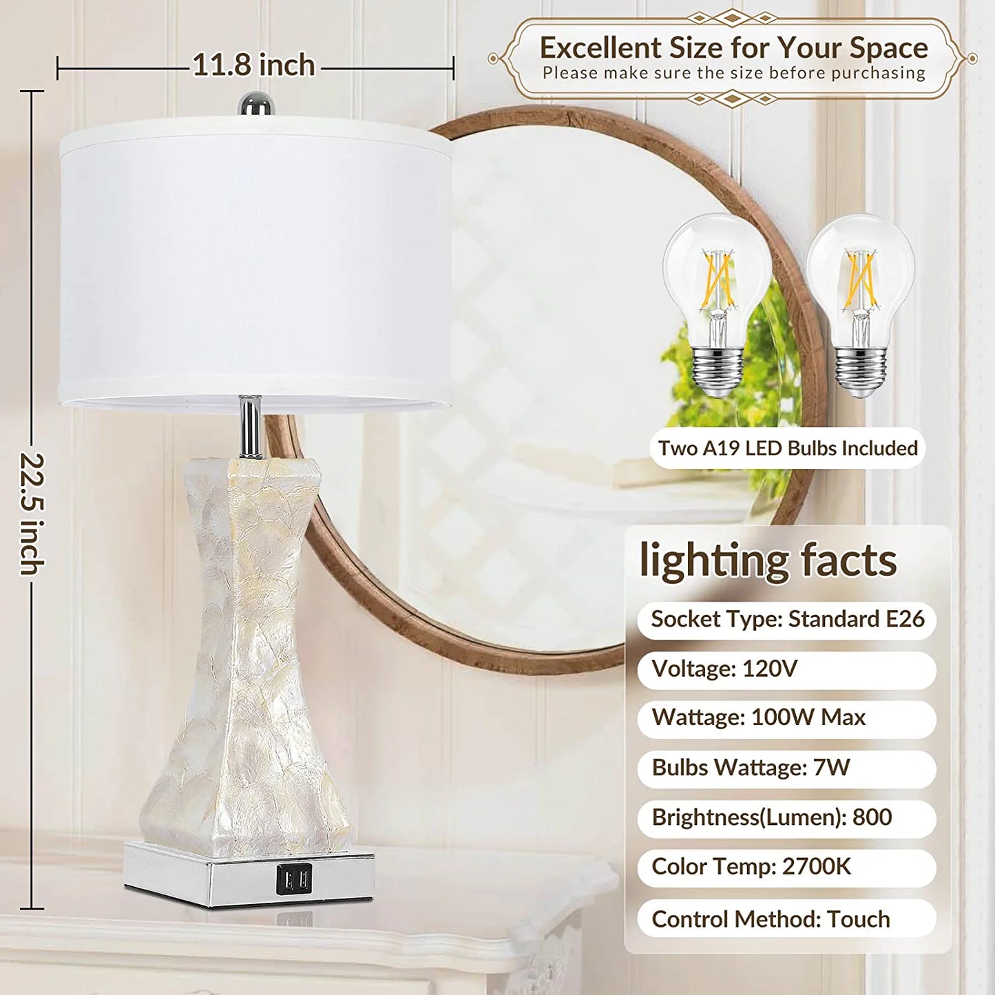 Set of 2 Touch Control Table Lamps with 2 USB Ports, Tall Bedside Nightstand Lamp for Bedrooms Living Room Reading Table, 3-Way Dimmable Coastal End Table Lamps, 2700K Warm White LED Bulb Included