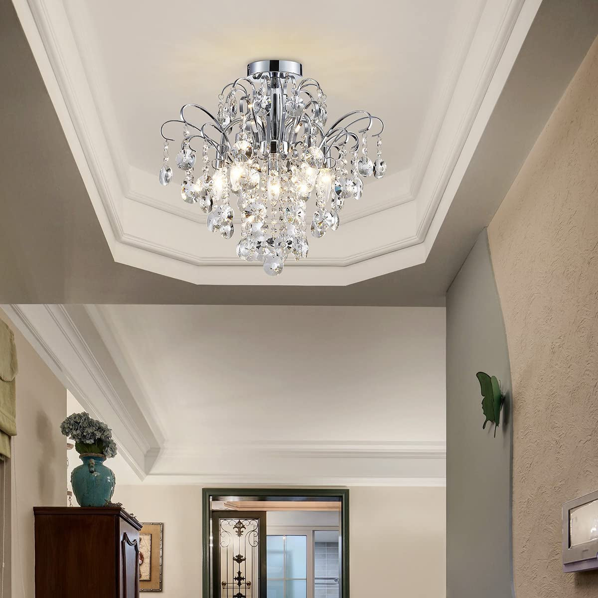 Crystal Chandelier Flushmount Ceiling Light Modern Lighting Fixture for Bedroom Hallway Bar Kitchen Bathroom, H 17.5'' X W 19.3'', E12 Base, Chrome