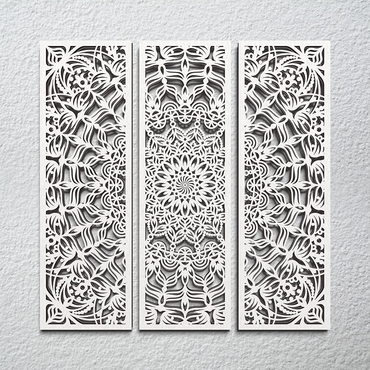 Set of 3 Lightweight Mandala Wall Art White Carved Wood Hanging Wall Decor Modern Cutout Wooden Plaque Floral Aesthetic Wood Decor with Hook for Home Bedroom Kitchen Cafe Office, 15.75 X 5.12 Inch