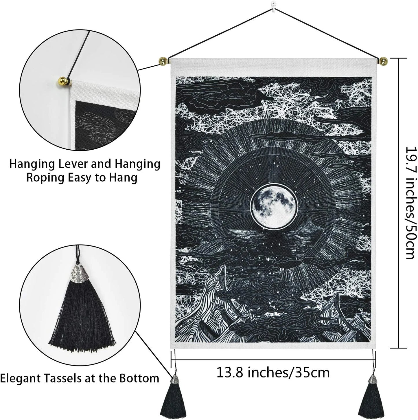 2 Pack Moon and Star Tapestry Great Ocean Wave Tapestry Sunset Tapestry Mountain Tapestry Black and White Art Tapestry Wall Hanging for Room(13.8 X 19.7 Inches)