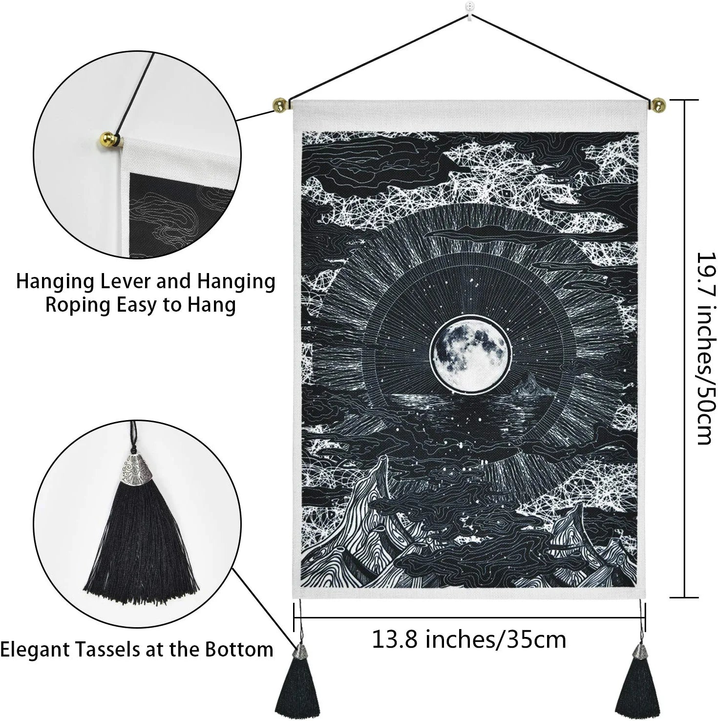2 Pack Moon and Star Tapestry Great Ocean Wave Tapestry Sunset Tapestry Mountain Tapestry Black and White Art Tapestry Wall Hanging for Room(13.8 X 19.7 Inches)