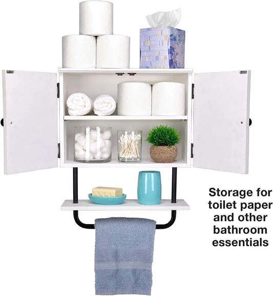 17X21” Barndoor Bathroom Wall Cabinet, Space Saver Storage Cabinet Kitchen Medicine Cabinet with Adjustable Shelf and Towel Bar, White