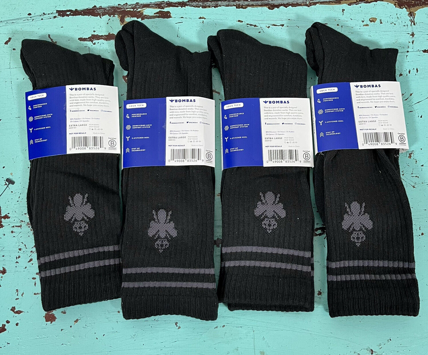 BOMBAS Men'S Crew Socks Size XL Black Lot of 4 Pairs Honeycomb Size 13+ NWT