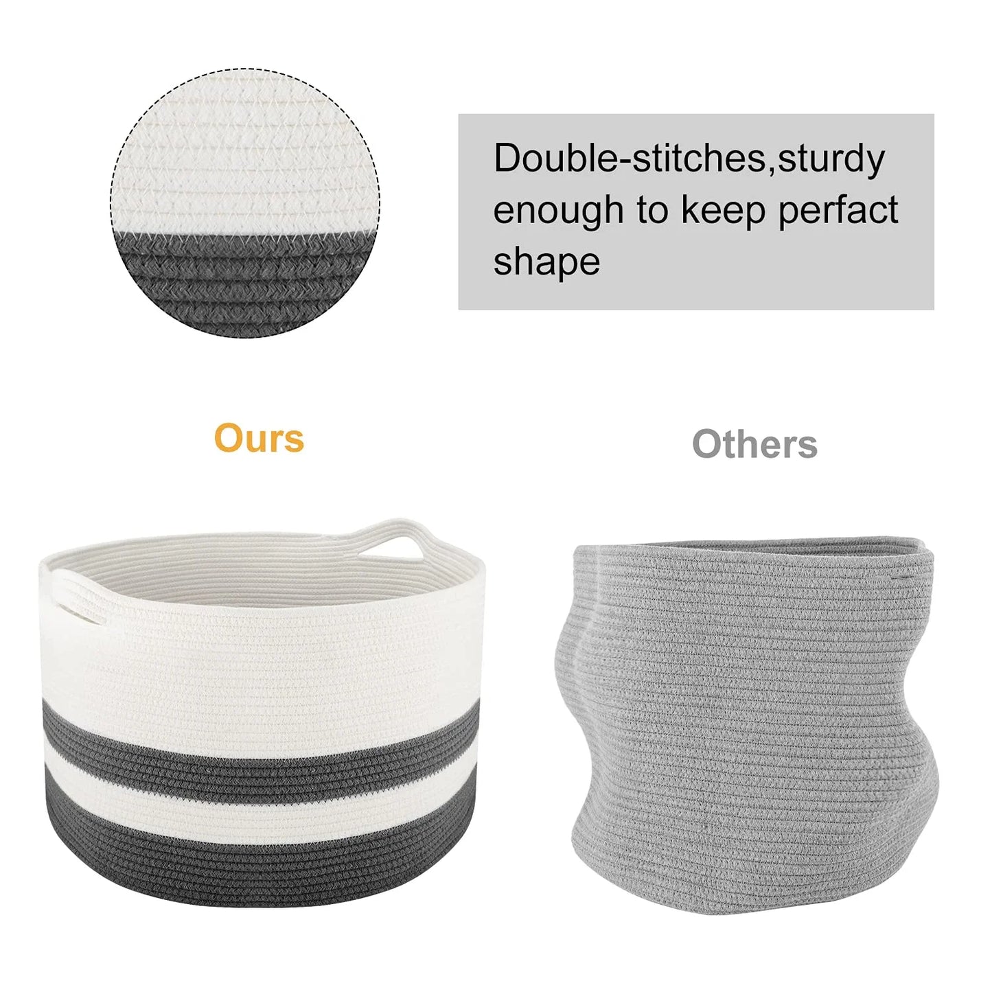 Hombins XXL Woven Storage Basket 20''X13'' Cotton Rope Woven Basket,Large Blanket Basket Laundry Hamper for Throws, Pillows, Blanket, Grey&White