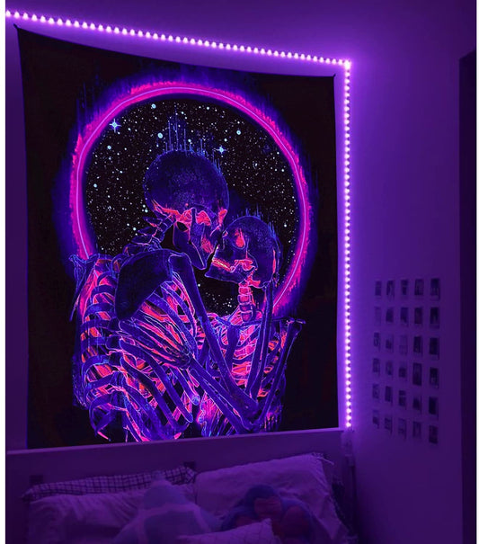 Blacklight Skull Tapestry, the Kissing Lovers Tapestry UV Reactive Trippy Neon Tapestries Glow in the Dark Party Backdrop, Skeleton Wall Art for Bedroom Living Room – 51.2” X 59.1”