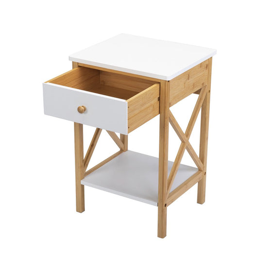Nightstand with Drawer, End Table with Storage Shelf, Modern Side Sofa Table, Accent Bedside Table with X-Shape Frame for Living Room/Bedroom, White & Natural