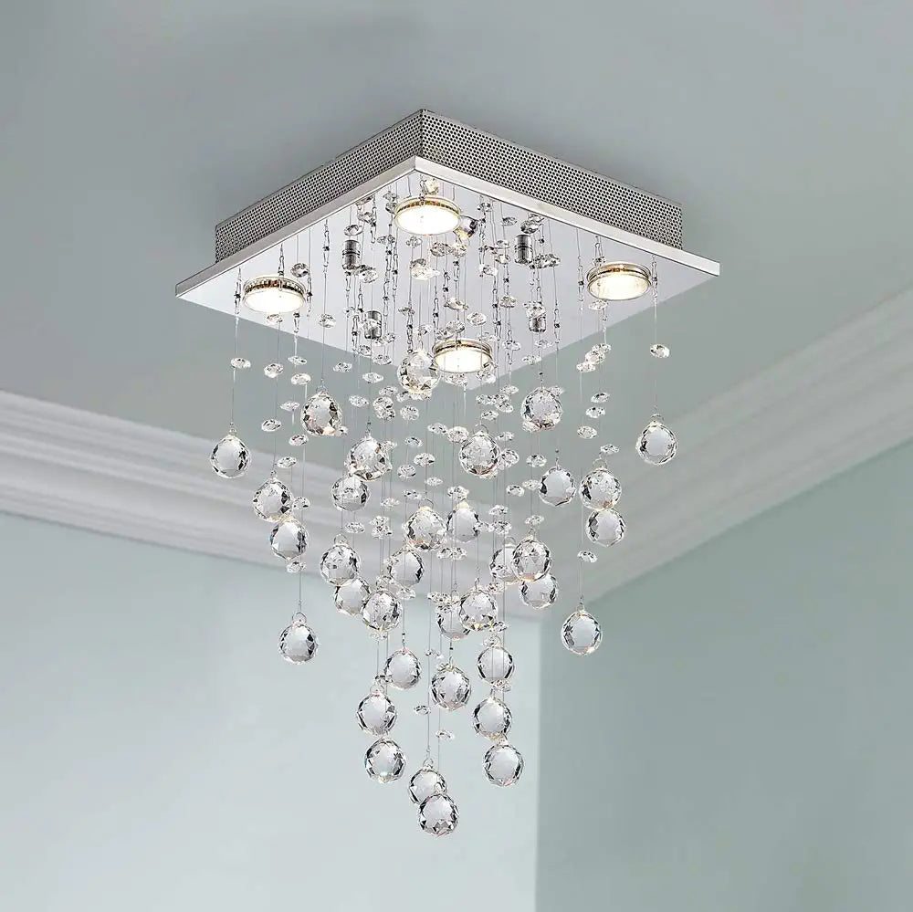 Bestier Modern Crystal Square Raindrop Chandelier Lighting Flush Mount LED Ceiling Light Fixture Pendant Lamp for Dining Room Bathroom Bedroom Livingroom 4 GU10 Bulbs Required 12 in Wide 20 Inch High