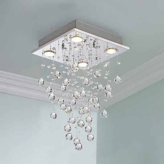 Bestier Modern Crystal Square Raindrop Chandelier Lighting Flush Mount LED Ceiling Light Fixture Pendant Lamp for Dining Room Bathroom Bedroom Livingroom 4 GU10 Bulbs Required 12 in Wide 20 Inch High