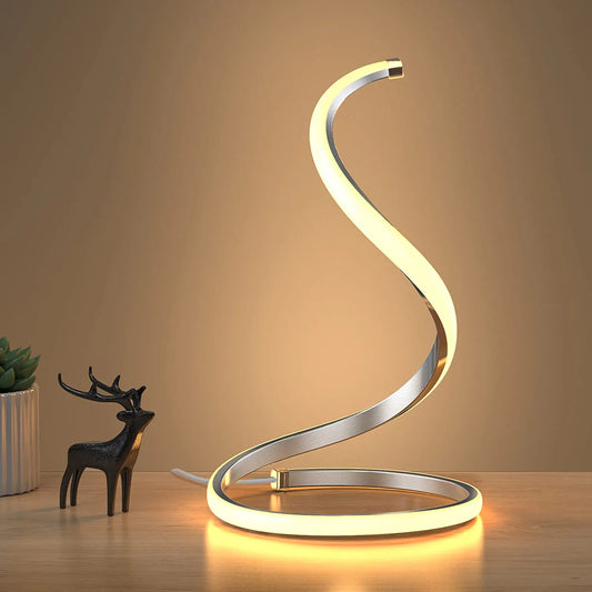 Spiral Modern Table Lamp(Silver), Stepless Dimmable Bedside Lamp, 3 Color Temperature Nightstand Lamp , Curved Art Decorative Table Lamp for Bedroom Living Room Office Home