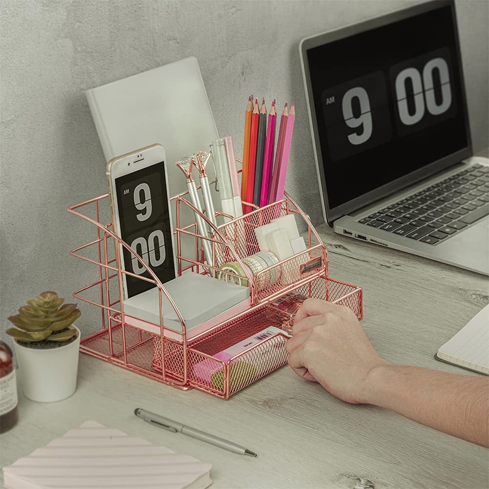 Desk Organizers and Accessories - Upgraded Desktop Organizer for Woman, Features 6 Compartments + 1 Large Sliding Drawer (Rose Gold)