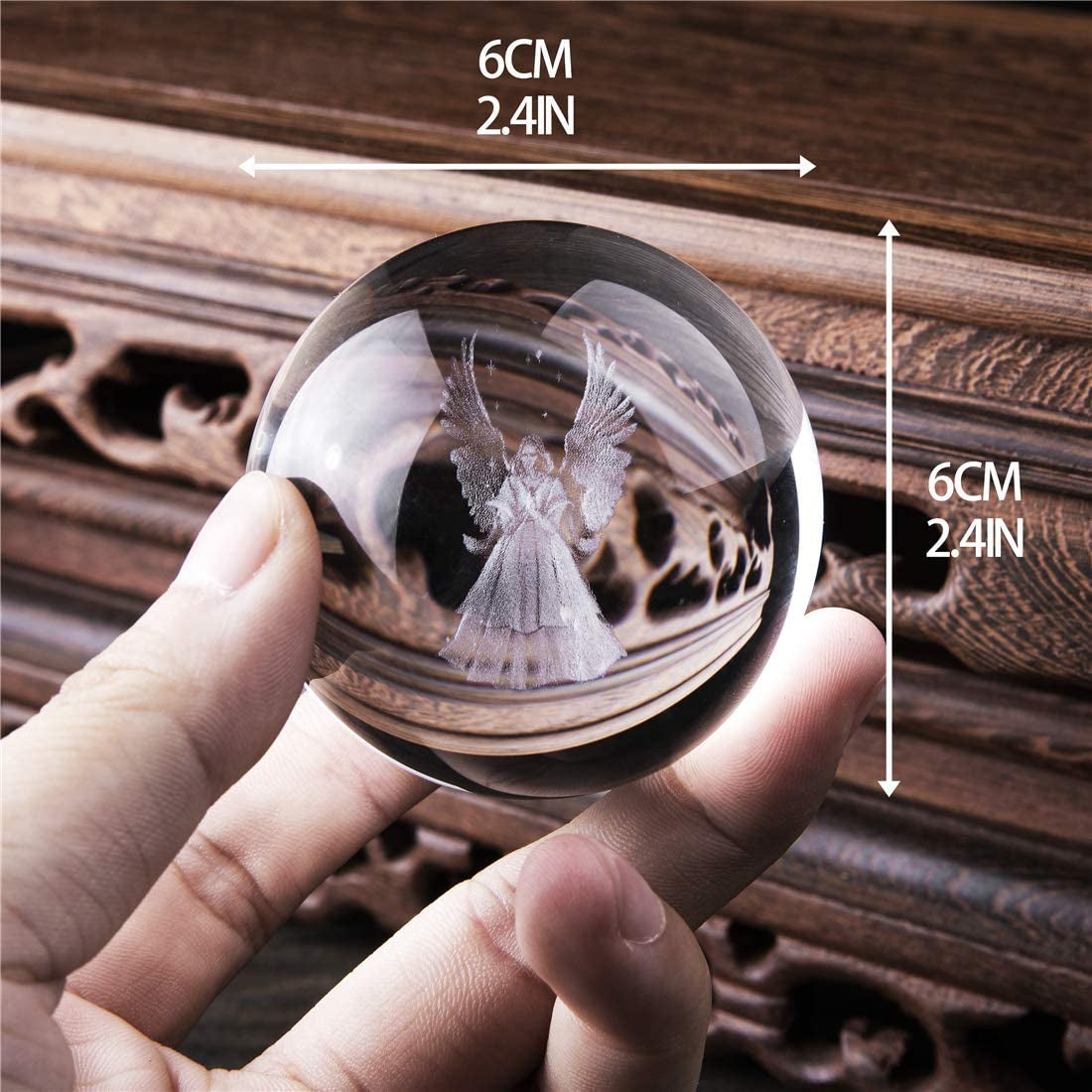 3D Angel Figurines Full Sphere Crystal Ball Laser Engraved Paperweight Home Art Decor Crafts(Clear)