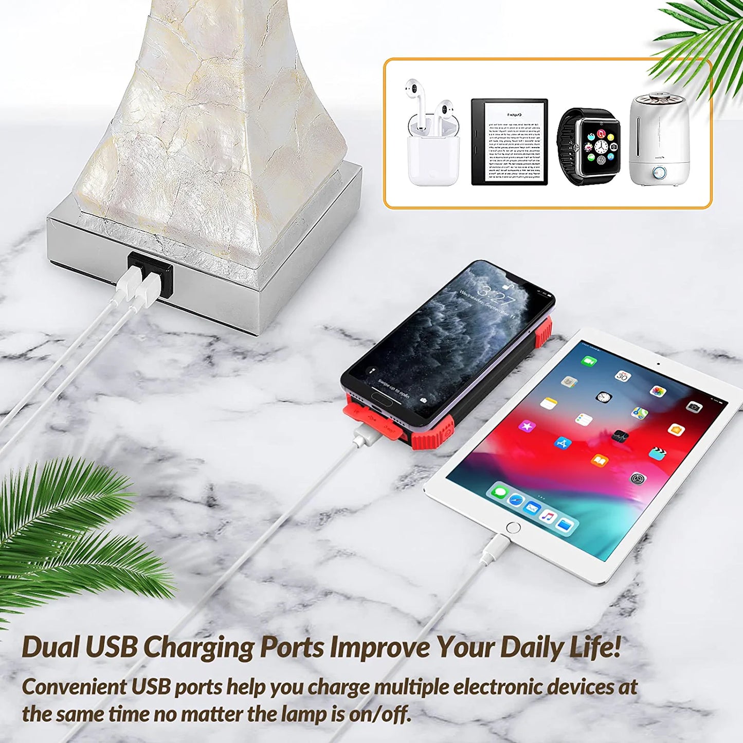 Set of 2 Touch Control Table Lamps with 2 USB Ports, Tall Bedside Nightstand Lamp for Bedrooms Living Room Reading Table, 3-Way Dimmable Coastal End Table Lamps, 2700K Warm White LED Bulb Included