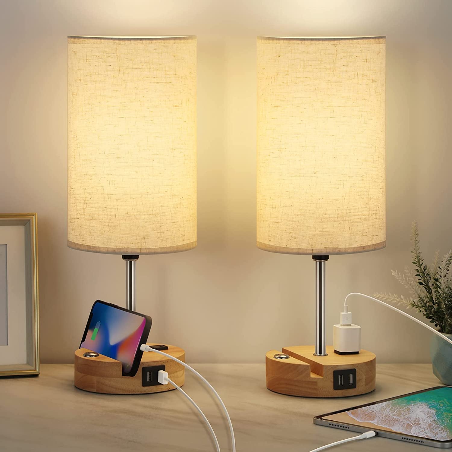 Bedside Lamps Set of 2 with USB Ports and AC Outlet, Wood Small Table Lamps with Phone Holder and E26 Bulbs, 3 Way Dimmable Nightstand Lamps for Bedroom Living Room Reading (Light Brown, Beige)