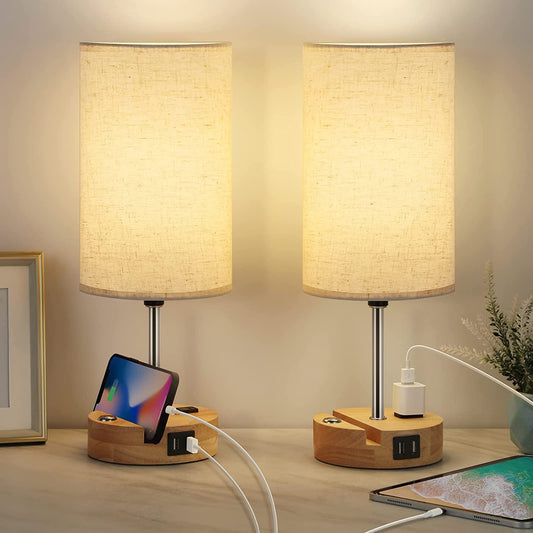 Bedside Lamps Set of 2 with USB Ports and AC Outlet, Wood Small Table Lamps with Phone Holder and E26 Bulbs, 3 Way Dimmable Nightstand Lamps for Bedroom Living Room Reading (Light Brown, Beige)