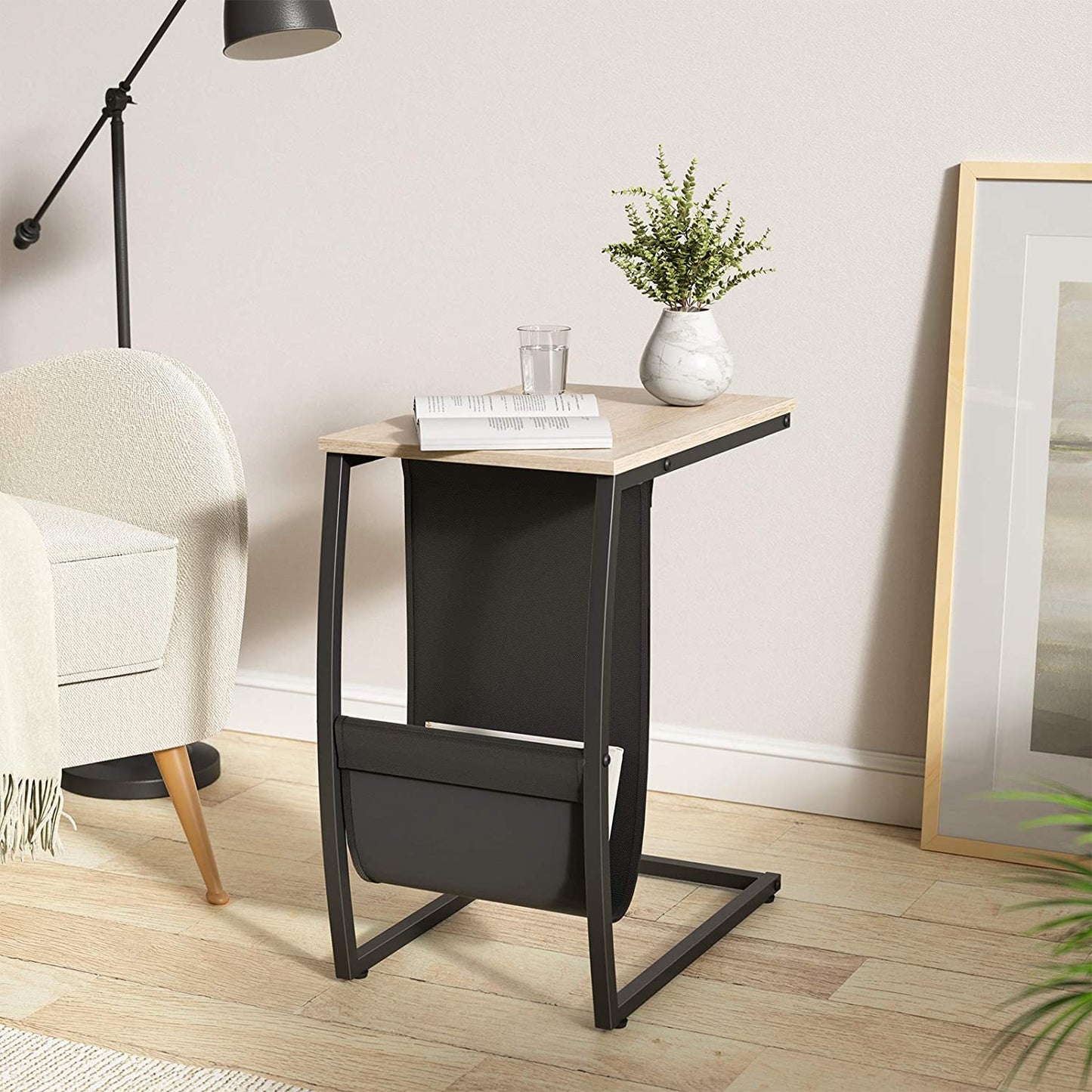 Sofa Side Table, C Table End Table with Side Pocket, Snack Table for Living Room Couch, French Oak Grey