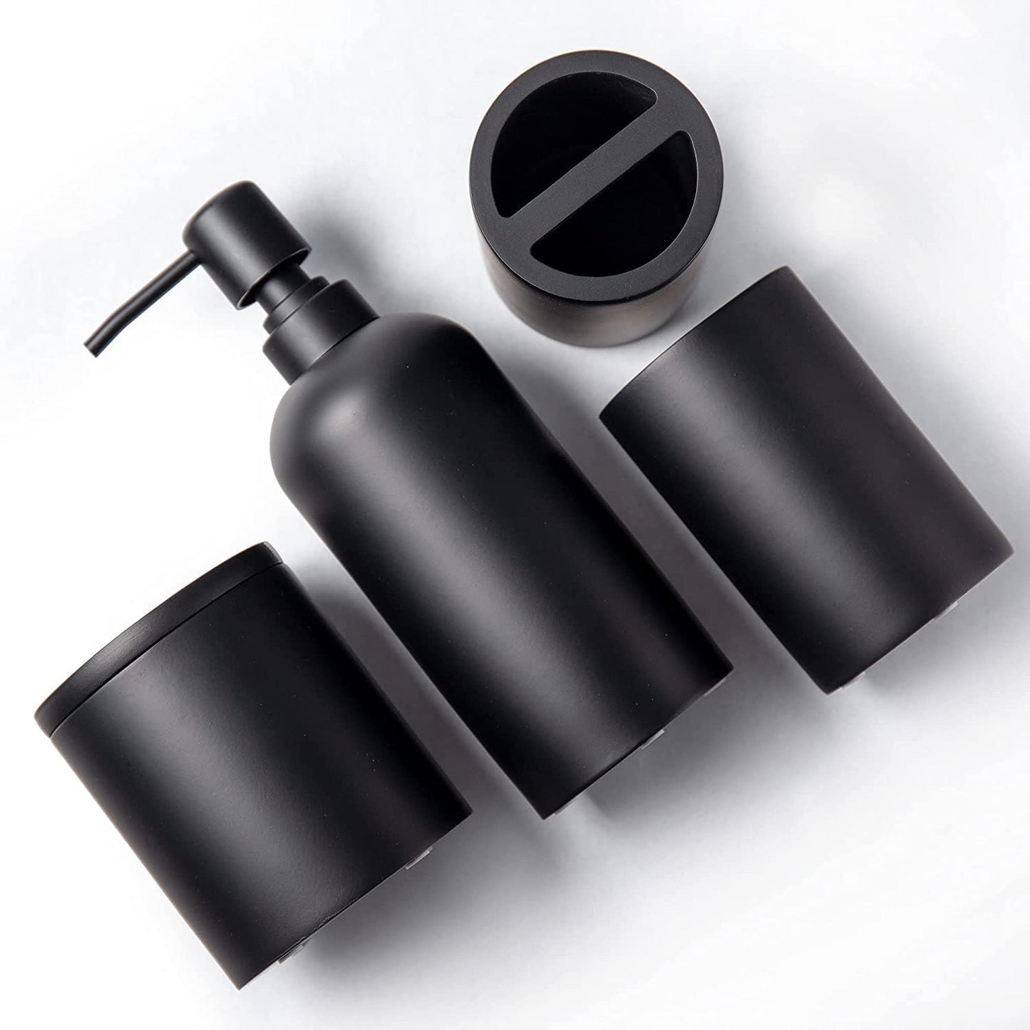Bathroom Accessories Matte Black Set of 4, Bathroom Organization, Bathroom Accessory Set - Soap Dispenser, Bathroom Jars, Toothbrush Cup, Brush Holder, Made of Resin, Modern Home Decor