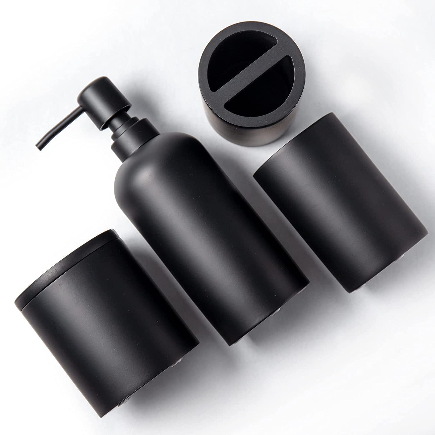 Bathroom Accessories Matte Black Set of 4, Bathroom Organization, Bathroom Accessory Set - Soap Dispenser, Bathroom Jars, Toothbrush Cup, Brush Holder, Made of Resin, Modern Home Decor