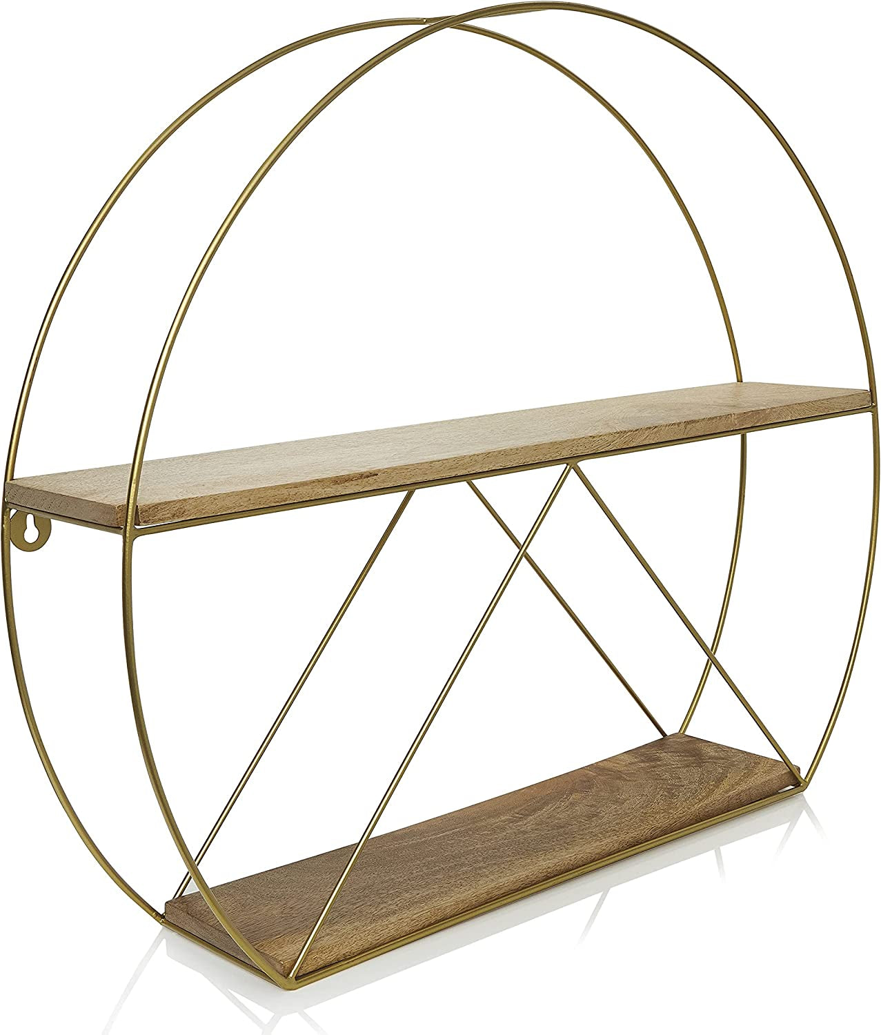Gold round Wall Shelves, Large Circular Floating Shelf for Bathroom, Living Room, Kitchen and Bedroom, Brass Geometric Wall Decor, Metal Sconce Shelf with Mango Wood, Boho Accent Display