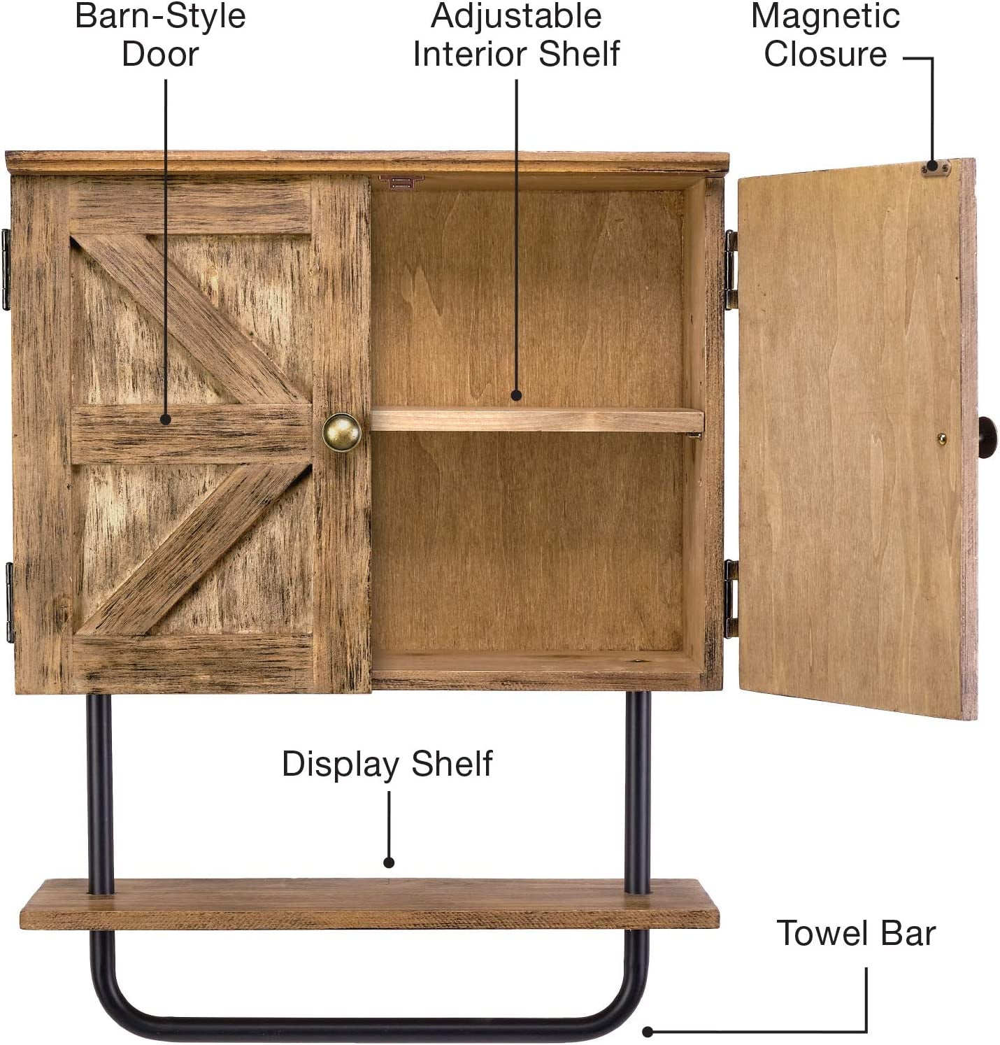 17X21'' Barndoor Bathroom Wall Cabinet, Space Saver Storage Cabinet Kitchen Medicine Cabinet with Adjustable Shelf and Towel Bar, Brown