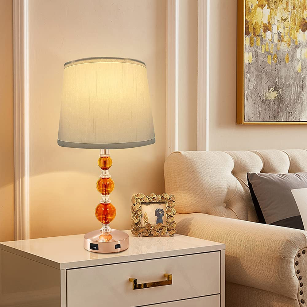 USB Bedside Crystal Lamp, 3-Way Dimmable Touch Nightstand Lamp with USB Charging Port, Orange Table Lamp Decorative Lamp Gold for Bedroom, Living Room, Set of 2( LED Bulb Included)