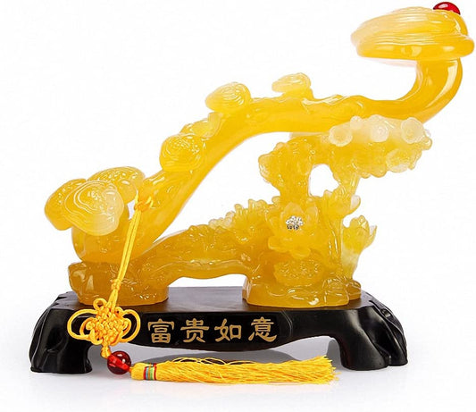 Wenmily Feng Shui Yellow Color Ruyi Statue+ Free Set of 10 Lucky Charm Ancient Coins on Red String, Chinese Charm of Prosperity Home Decoration Gift,Feng Shui Decor