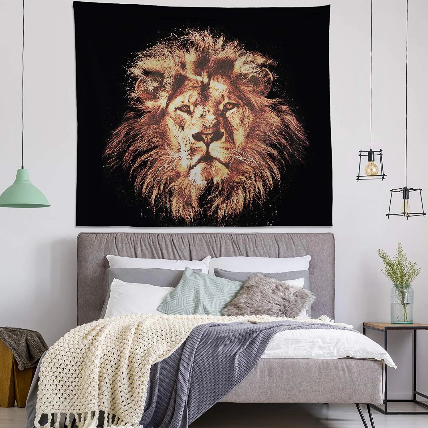 Lion Tapestry Wall Hanging Lion Head Portrait Black and Gold Wall Tapestry for Bedroom Home Wall Décor (51.2X59.1 Inches, 130X150 Cm)