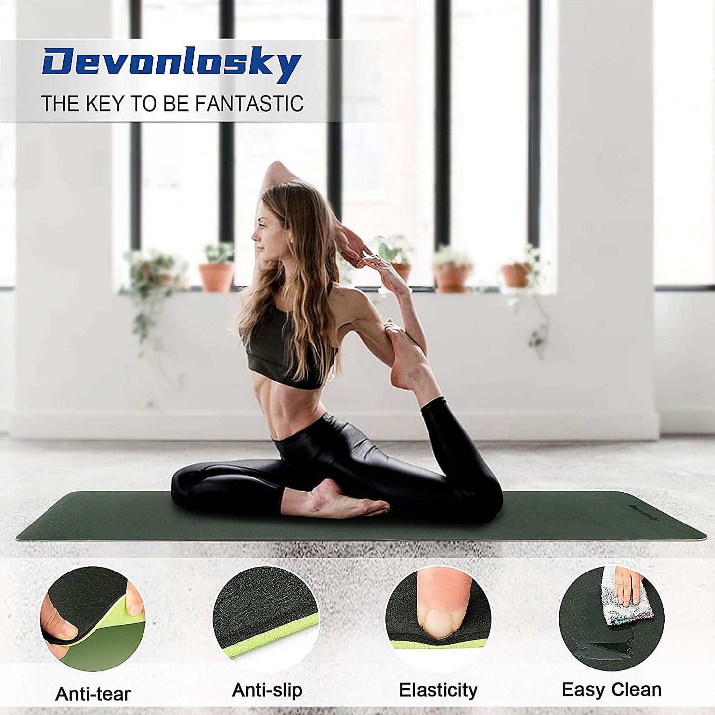 Yoga Mat, Non-Slip Eco Friendly Exercise Yoga Mat for Men and Women, 1/4-Inch Thick High Density Pro Mat with Carrying Strap for Yoga Pilates and Fitness Exercise