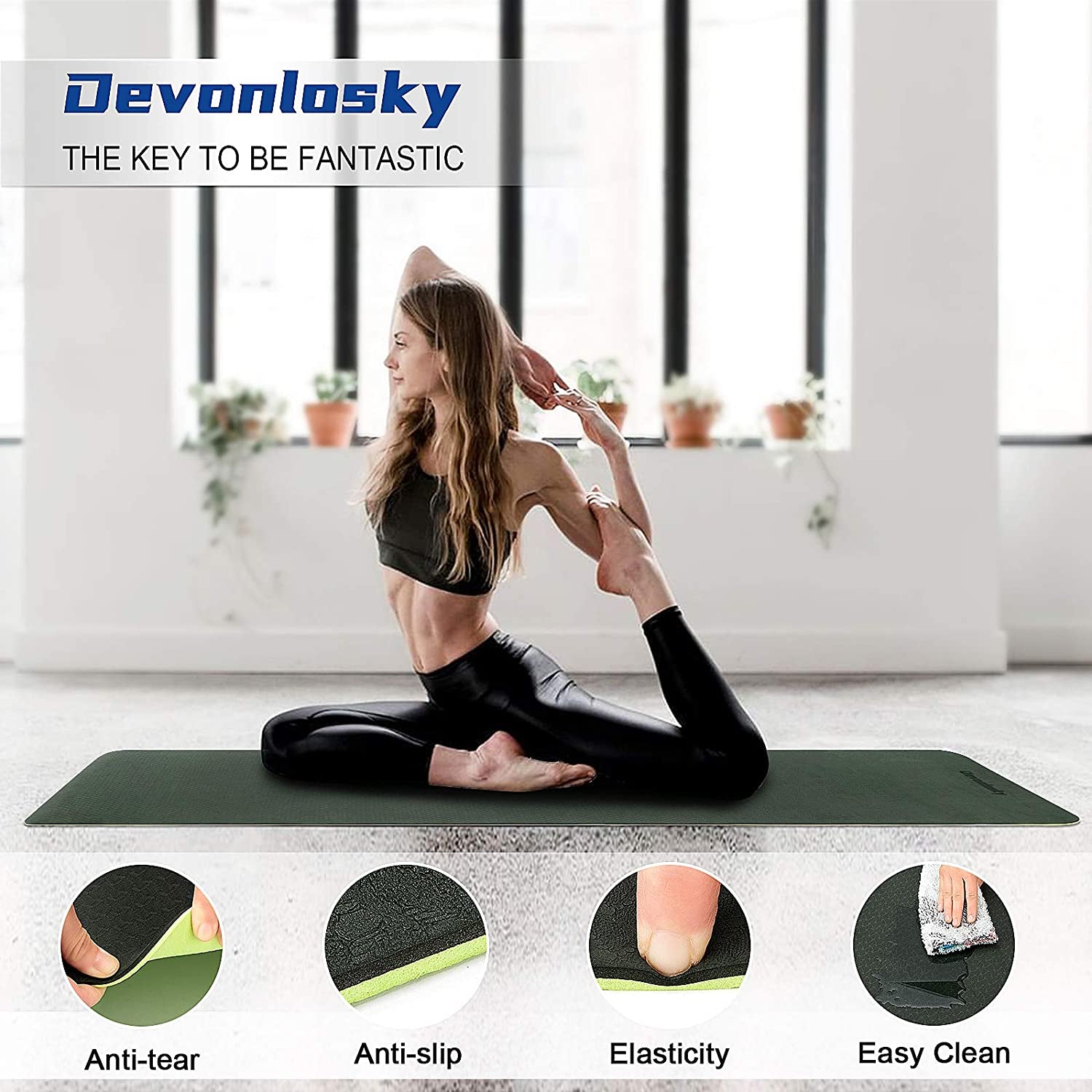 Yoga Mat, Non-Slip Eco Friendly Exercise Yoga Mat for Men and Women, 1/4-Inch Thick High Density Pro Mat with Carrying Strap for Yoga Pilates and Fitness Exercise