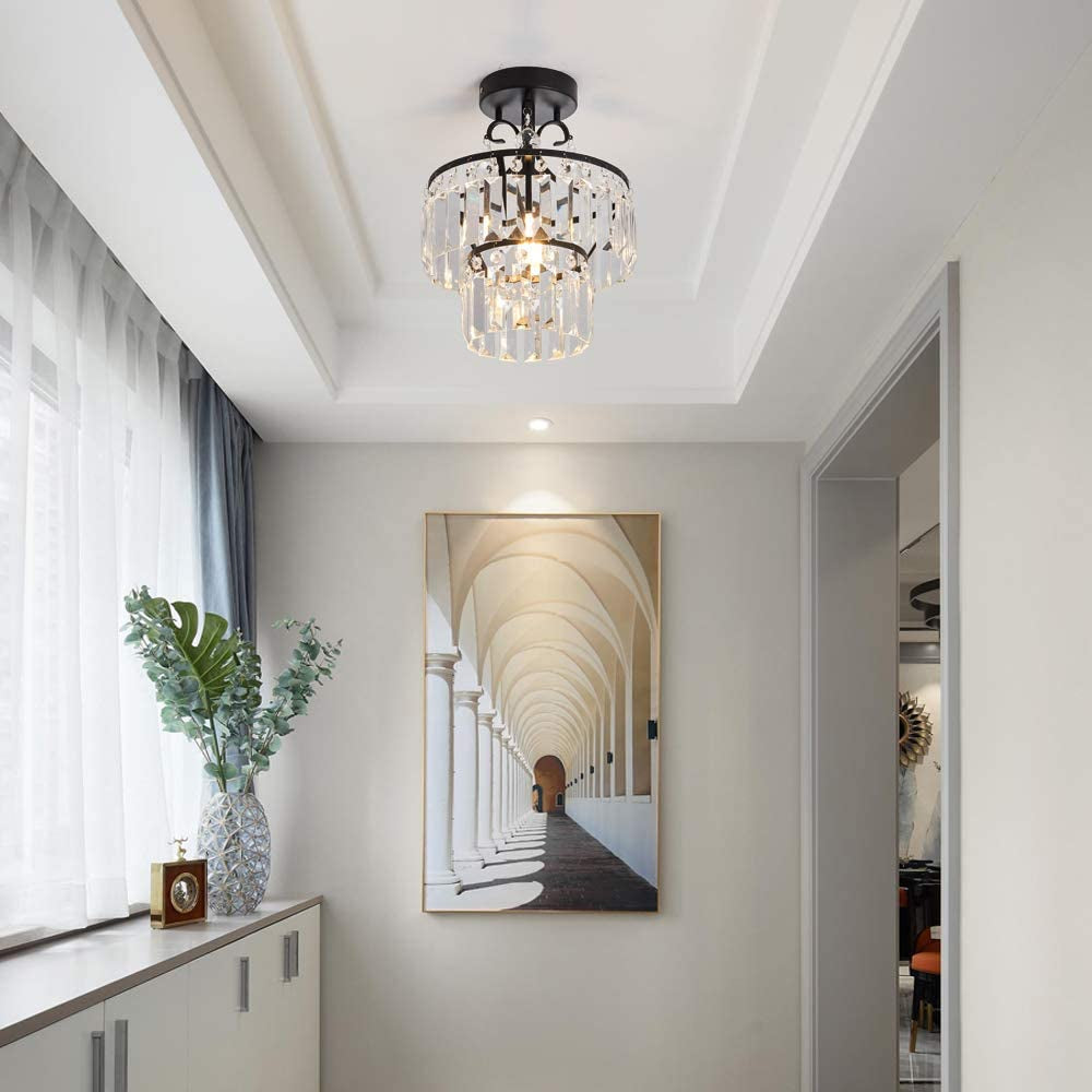 Small Crystal Raindrop Mini Chandeliers Semi Flush Mount Ceiling Light Fixture Small Ceiling Lamp for Hallway Bar Kitchen Dining Room Living Room