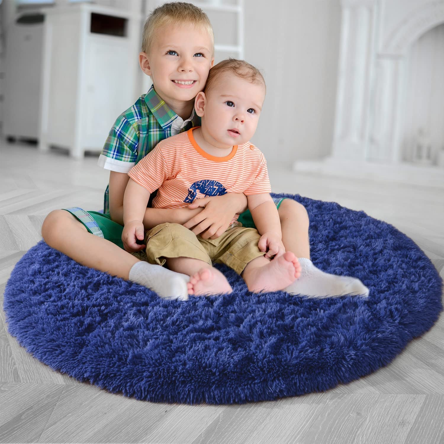 Super Soft round Rugs for Kids Room, Cute Fluffy Plush Shaggy Carpet 4X4 Feet for Girls Bedroom Dorm, Home Decor White for Bedroom, Non-Slip Modern Rugs for Living Room Light Navy