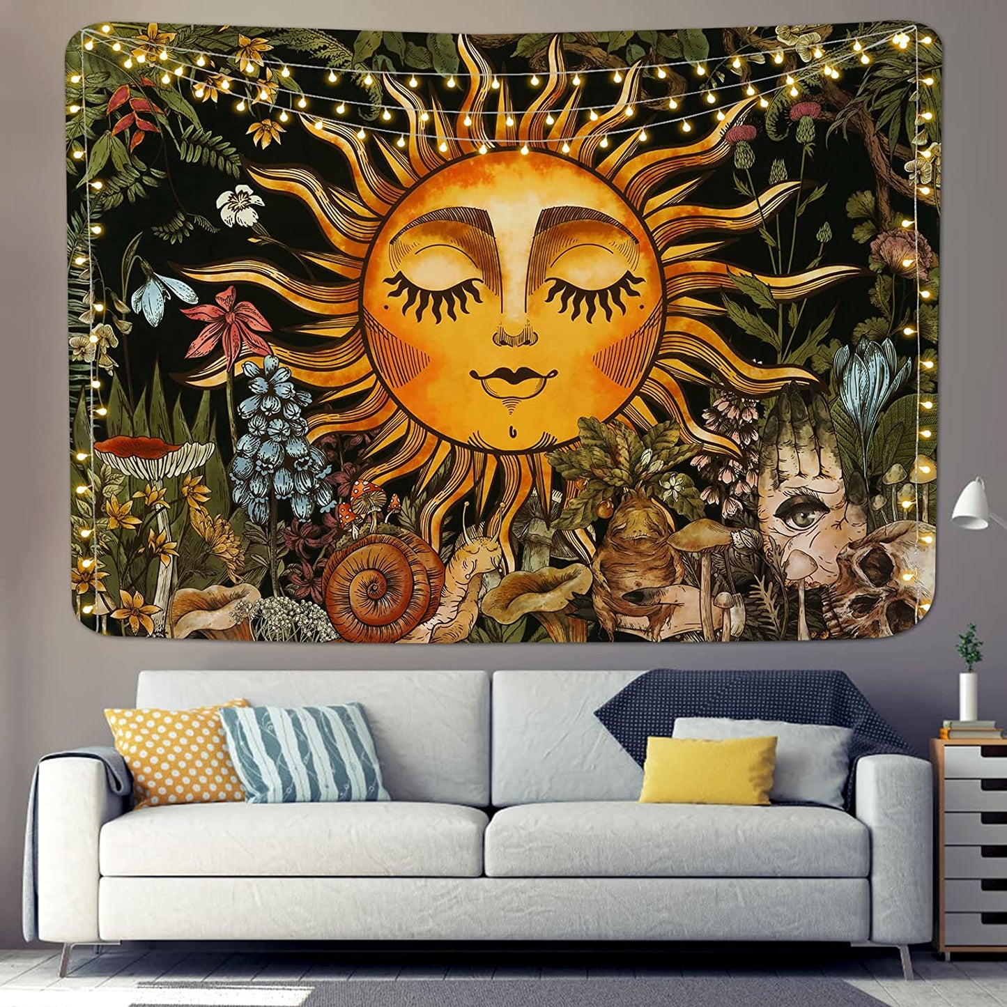 Burning Sun Tapestry Vintage Floral Tapestry Plants and Leaves Tapestries Mystic Hippie Tapestry Snail and Skull Tapestry Wall Hanging for Room(51.2 X 59.1 Inches)