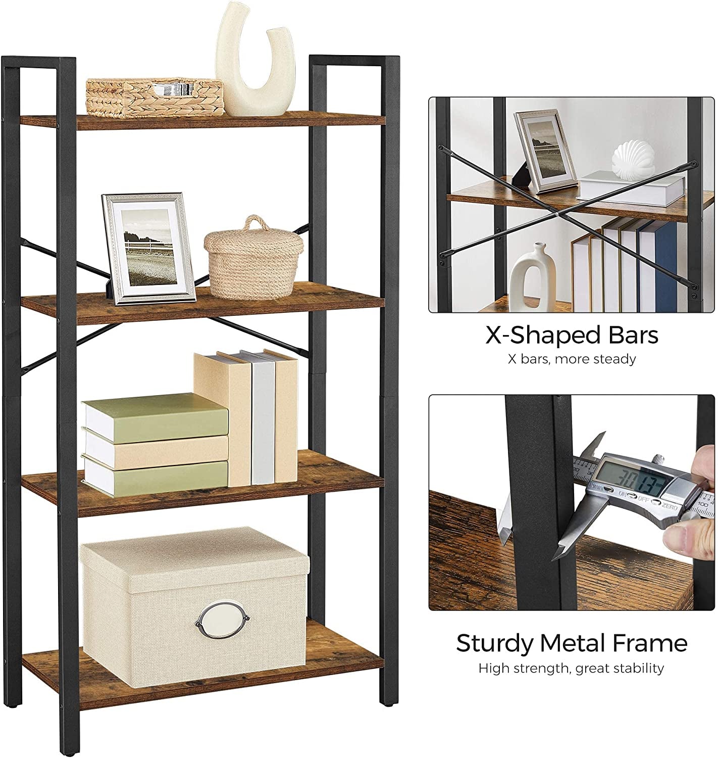 Bookshelf, 4-Tier Shelving Unit, Bookcase, Book Shelf, 11.8 X 25.9 X 47.2 Inches, Rustic Brown + Black