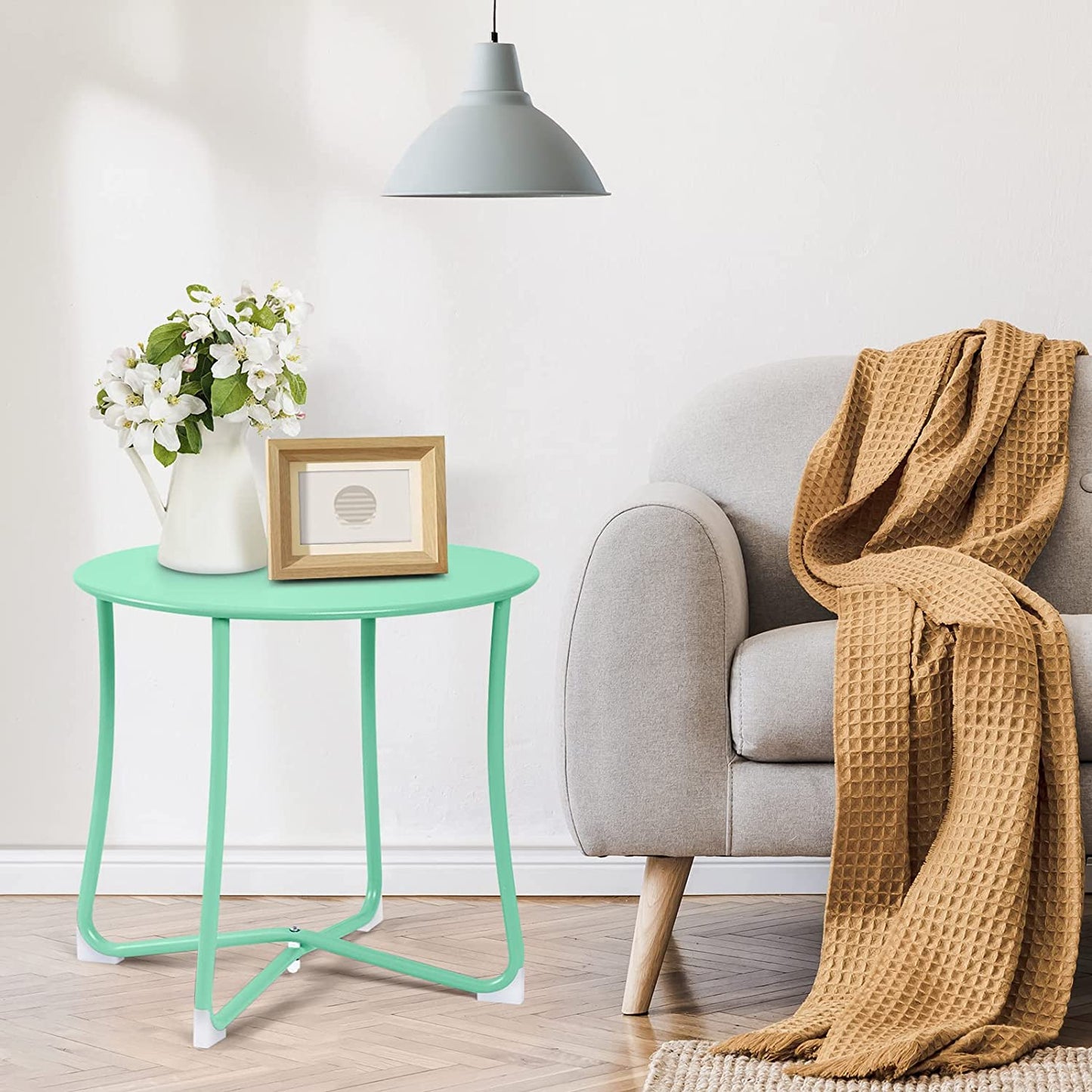 Amagabeli Metal Patio Side Table 18” X 18” Heavy Duty Weather Resistant Anti-Rust Outdoor End Table Small Steel round Coffee Table Porch Table Snack Table for Balcony Garden Yard Lawn, Mint Green