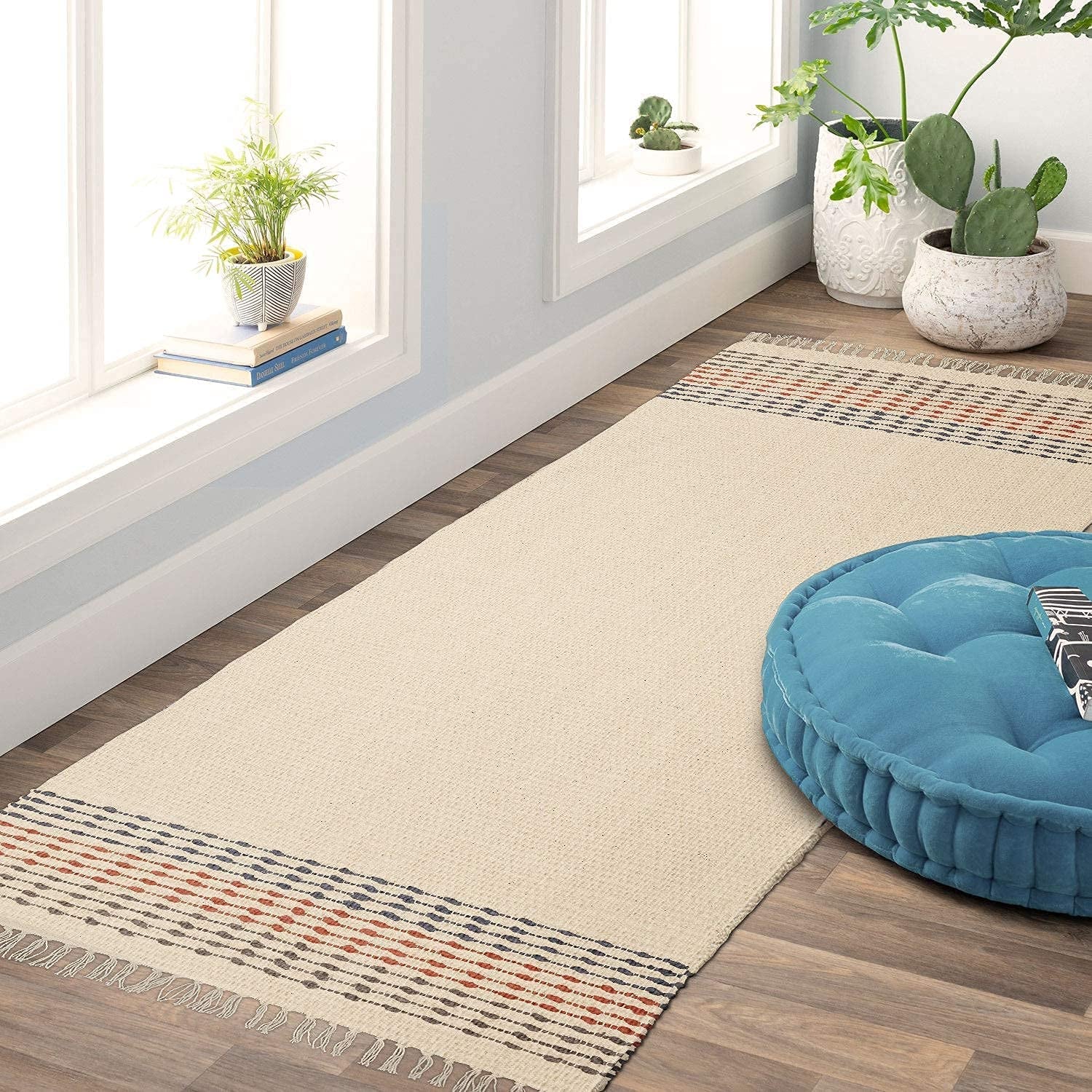 MOTINI Hand Woven Cotton Runner Rug 2' X 6', Knotted Bohemian Accent Throw Rug with Tassels, Natural Color Textured Runner Rug for Bedroom,Living Room,Laundry Room
