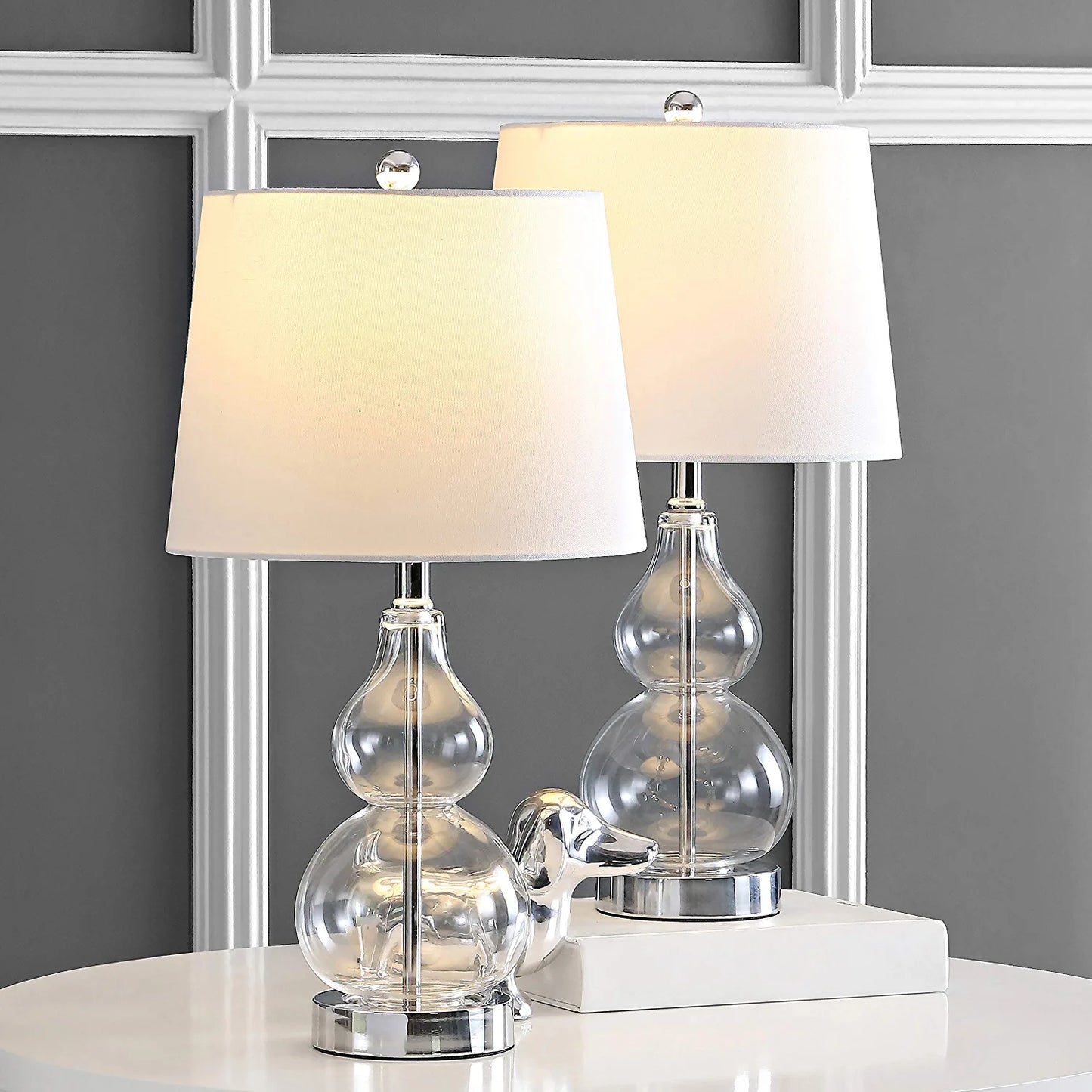 Lighting Collection Brisor Clear/ Chrome Double Gourd 22-Inch Bedroom Living Room Home Office Desk Nightstand Table Lamp Set of 2 (LED Bulbs Included)