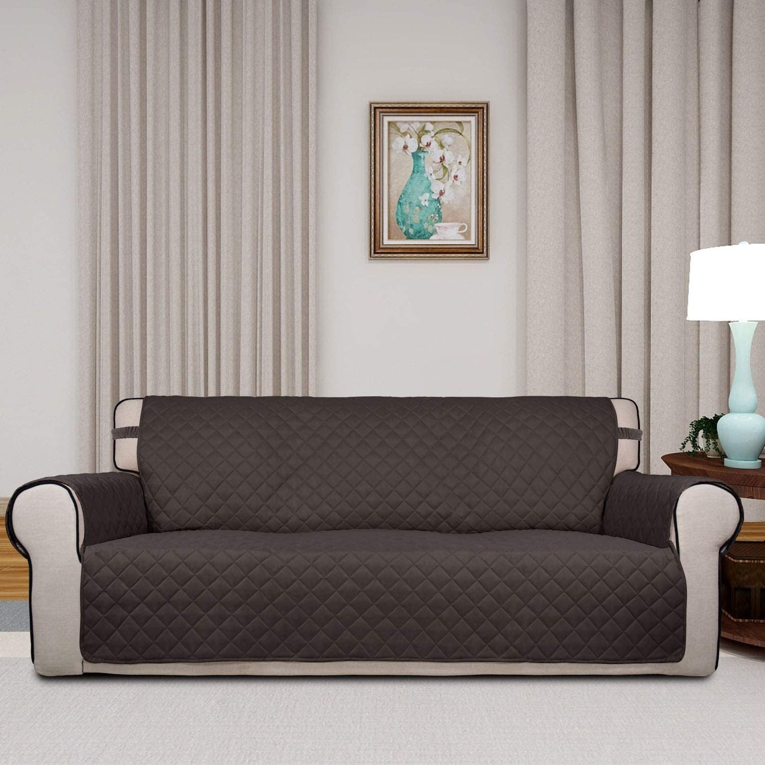 Reversible Quilted Sofa Cover, Water Resistant Slipcover Furniture Protector, Washable Couch Cover with Non Slip Foam and Elastic Straps for Kids, Dogs, Pets (Sofa, Chocolate/Beige)