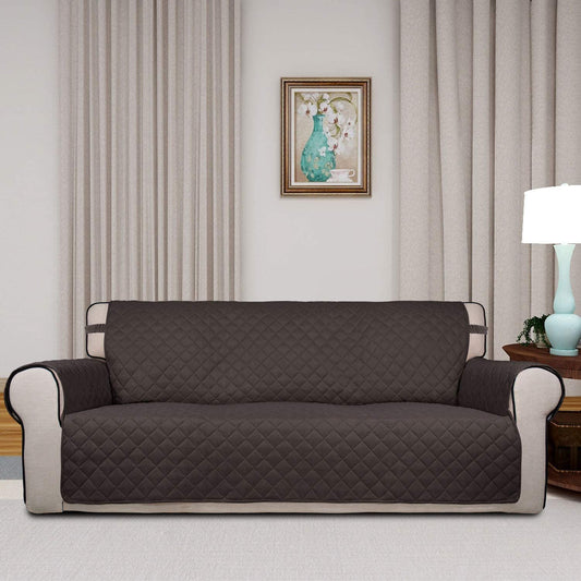 Reversible Quilted Sofa Cover, Water Resistant Slipcover Furniture Protector, Washable Couch Cover with Non Slip Foam and Elastic Straps for Kids, Dogs, Pets (Sofa, Chocolate/Beige)