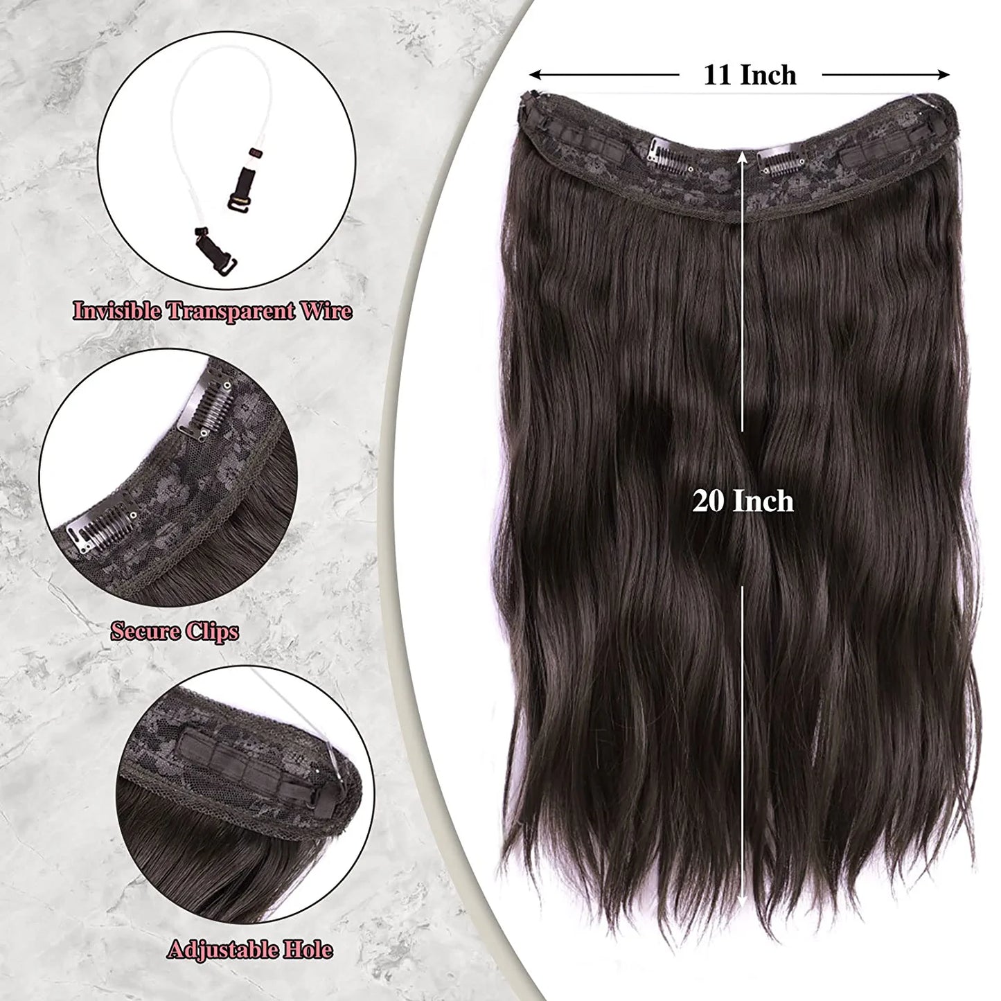 Invisible Wire Hair Extensions Long 20 Inches Wavy Hair Extensions with Adjustable Size Invisible Wire Hairpieces for Women (6A)