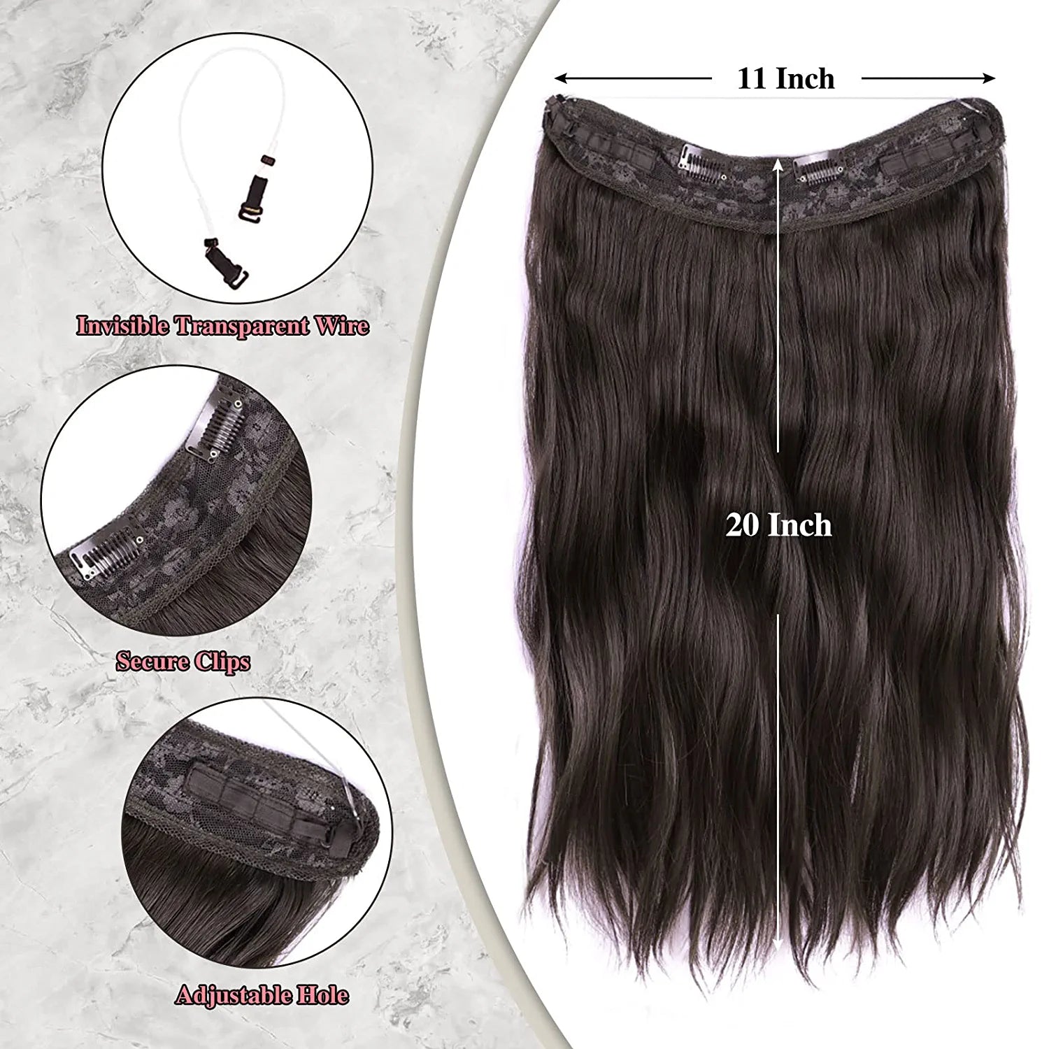 Invisible Wire Hair Extensions Long 20 Inches Wavy Hair Extensions with Adjustable Size Invisible Wire Hairpieces for Women (6A)