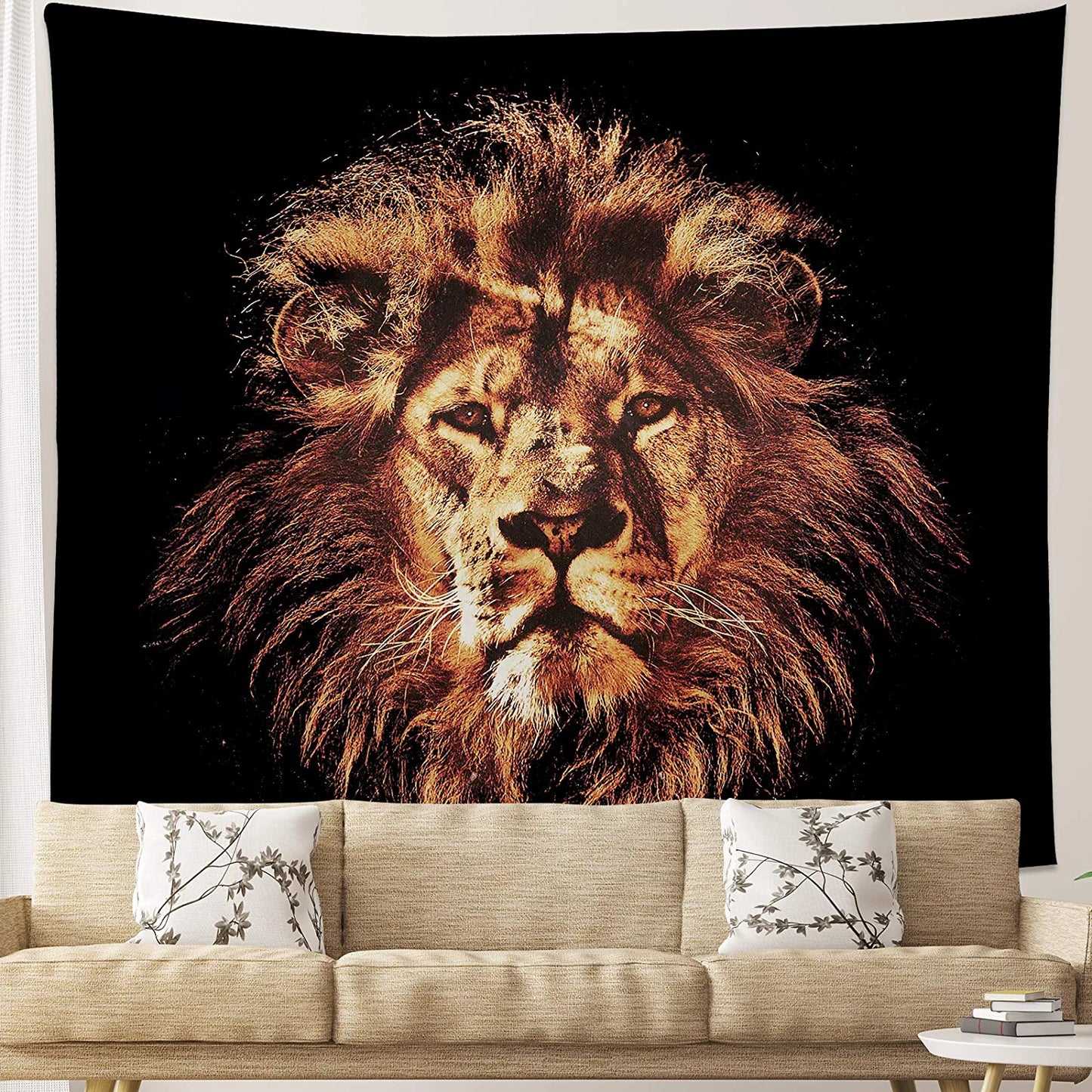 Lion Tapestry Wall Hanging Lion Head Portrait Black and Gold Wall Tapestry for Bedroom Home Wall Décor (51.2X59.1 Inches, 130X150 Cm)