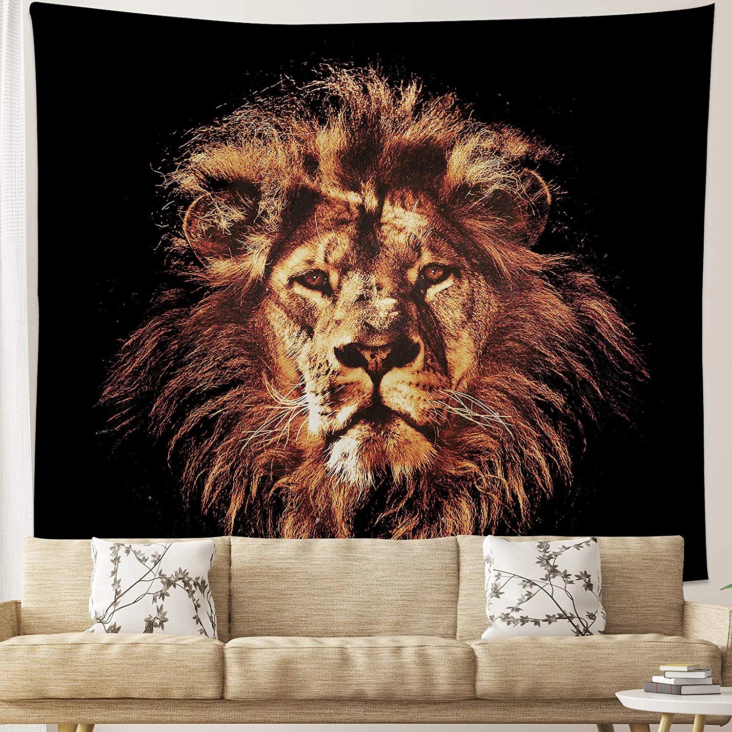 Lion Tapestry Wall Hanging Lion Head Portrait Black and Gold Wall Tapestry for Bedroom Home Wall Décor (51.2X59.1 Inches, 130X150 Cm)