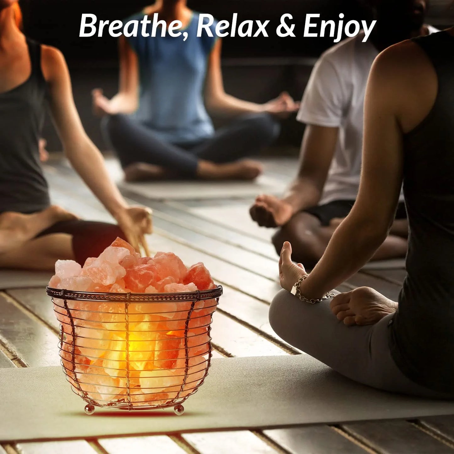 Natural Himalayan Salt Lamp, Tall round Metal Basket Lamp with Dimmer Switch | 8-10 Lbs