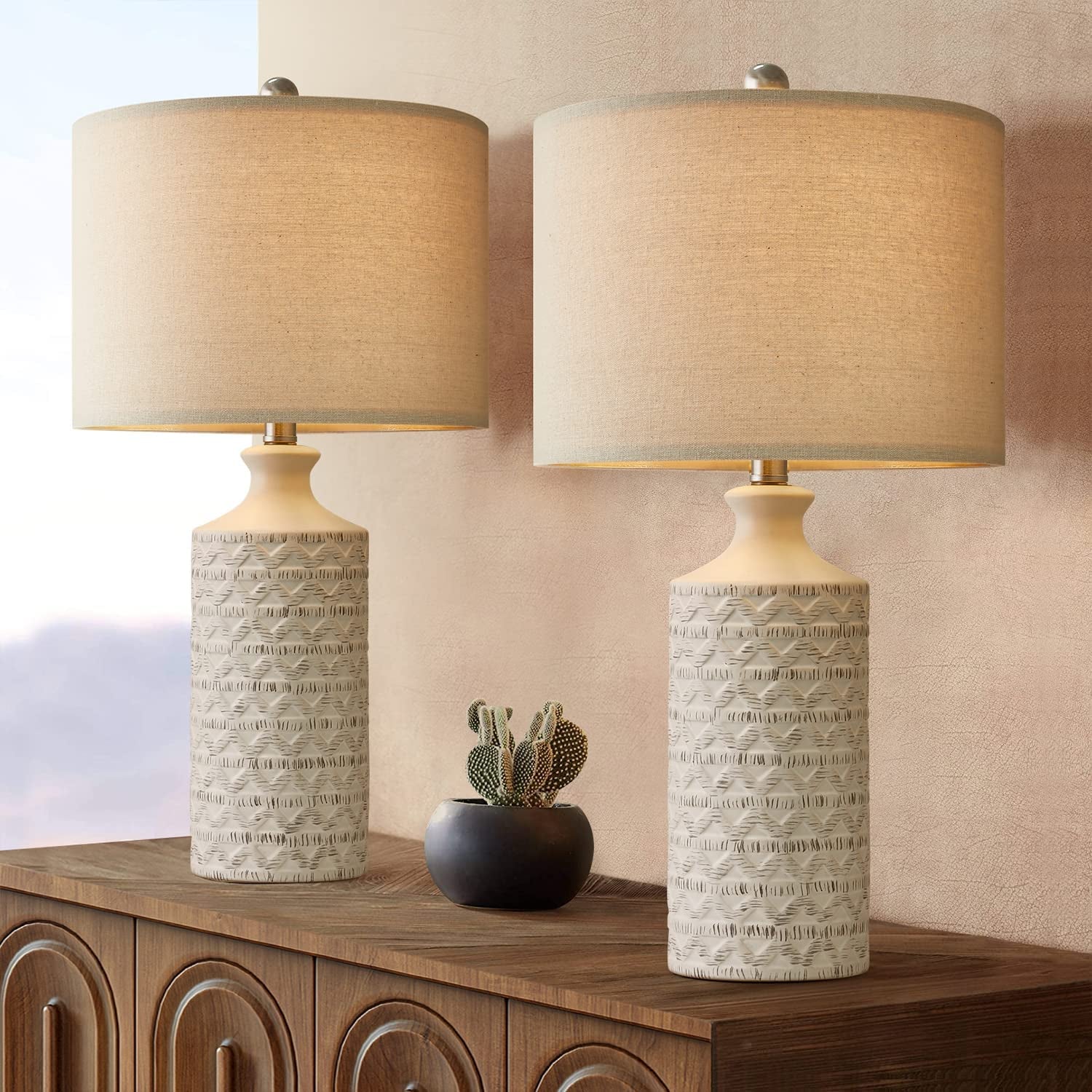 Pokat 24.75’’ Modern Contemporary Ceramic Table Lamp Set of 2 for Living Room White Desk Decor Lamps for Bedroom Study Room Office Farmhouse Bedside Nightstand Lamp End Table Lamps
