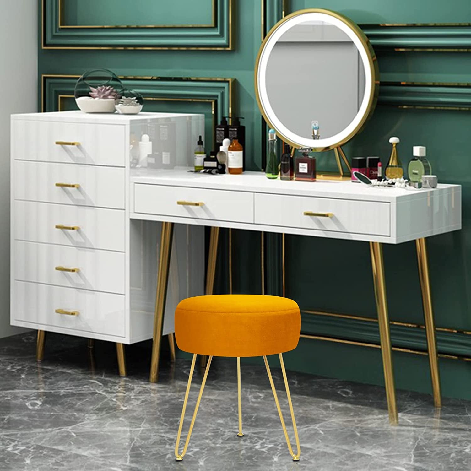 Multifunctional Vanity Stools - Velvet round Ottoman Modern Dressing Stool -Upholstered Footrest Stool - Side Table Footstool with Golden Metal Leg for Living Room, Bedroom(Pumpkin Orange)