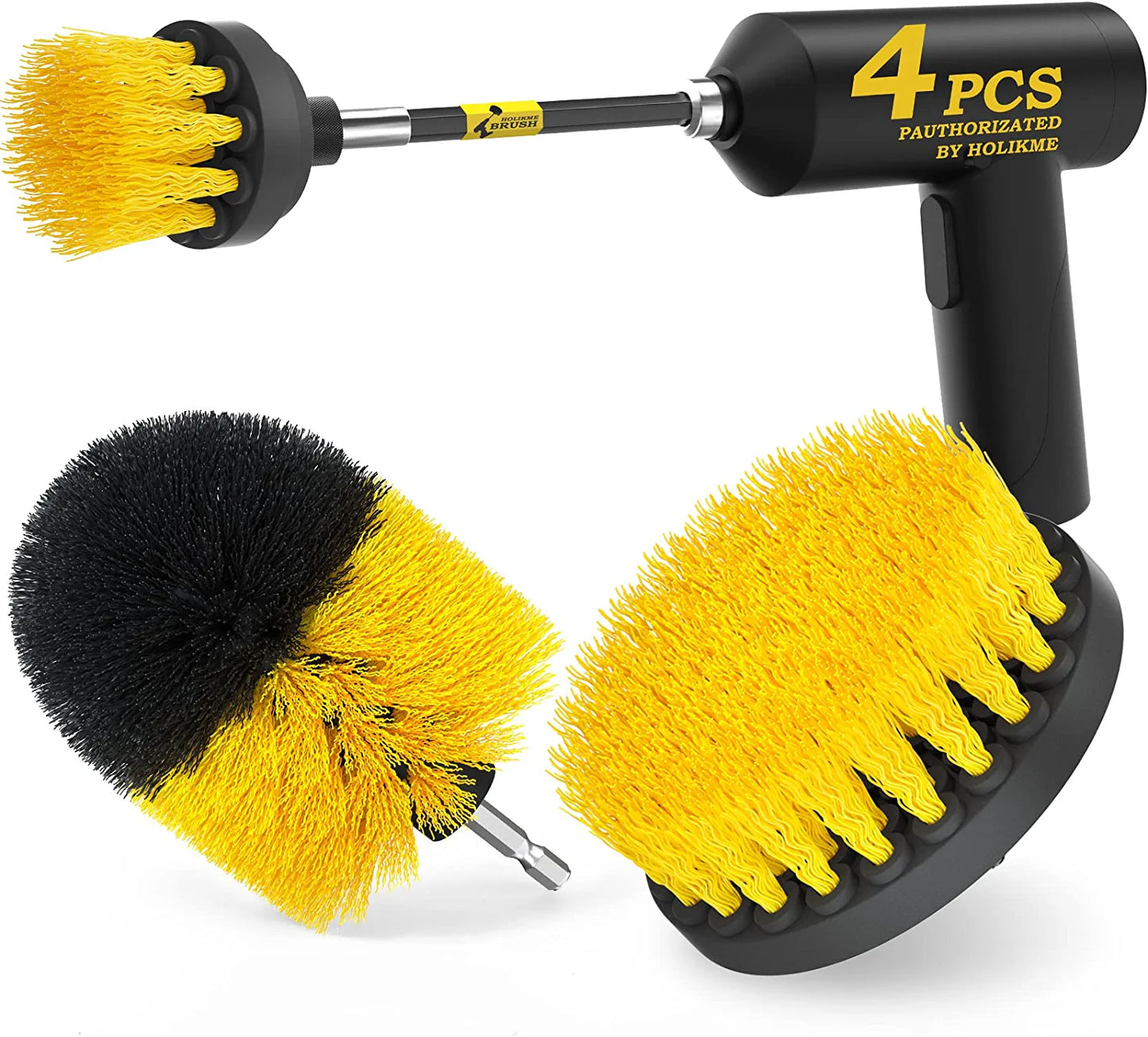 4Pack Drill Brush Power Scrubber Cleaning Brush Extended Long Attachment Set All Purpose Drill Scrub Brushes Kit for Grout, Floor, Tub, Shower, Tile, Bathroom and Kitchen Surface，Yellow