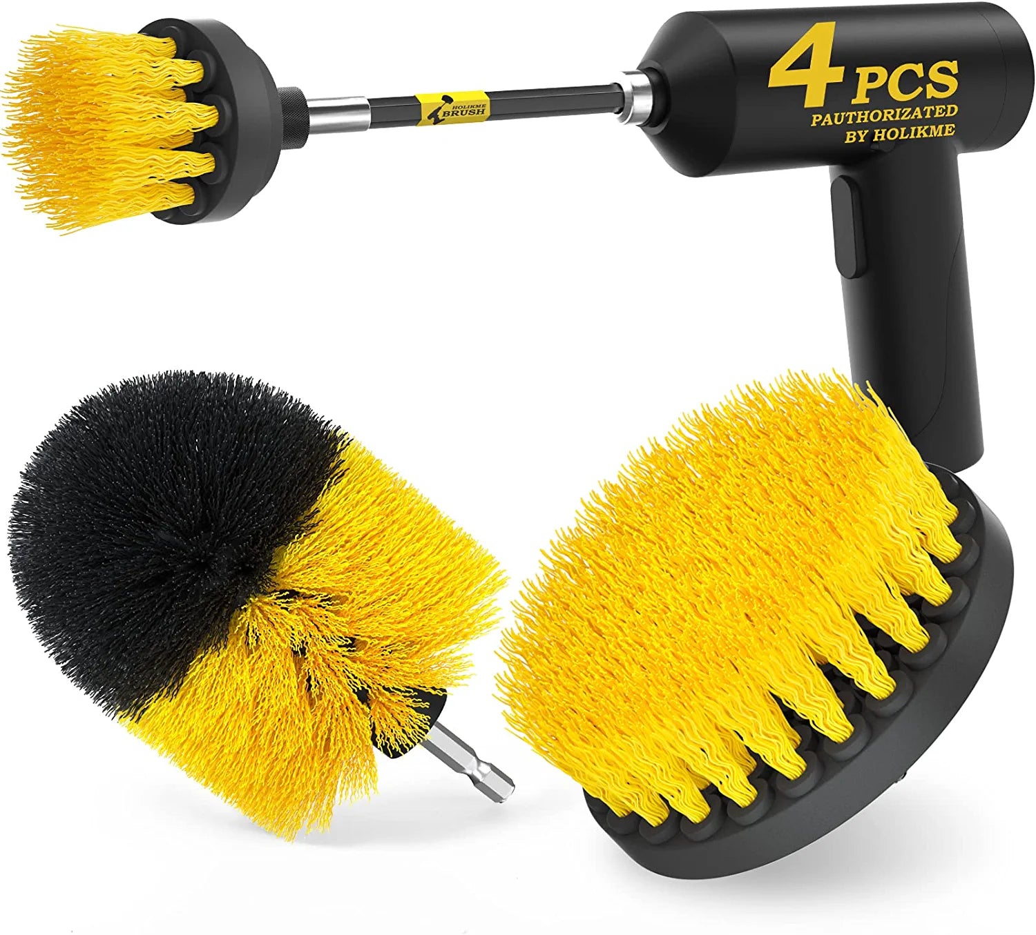4Pack Drill Brush Power Scrubber Cleaning Brush Extended Long Attachment Set All Purpose Drill Scrub Brushes Kit for Grout, Floor, Tub, Shower, Tile, Bathroom and Kitchen Surface，Yellow