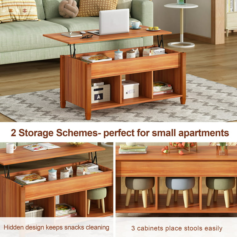 Jaxpety Lift Top Coffee Table Convertible Solid Wood Desk Storage Compartment,Red Brown