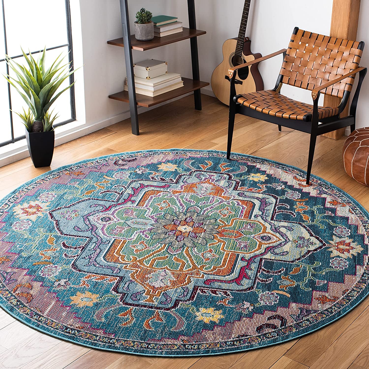 Crystal Collection 5' X 5' round Teal/Rose CRS501T Boho Chic Oriental Medallion Distressed Non-Shedding Dining Room Entryway Foyer Living Room Bedroom Area Rug